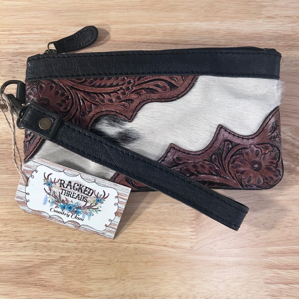 Cowhide Wristlet Leather Women's Embossed Scalloped Western Clutch‎ Cowgirl New